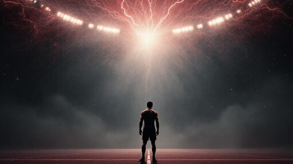 Silhouetted athlete stands on a track, facing a dramatic sky with red lightning bolts overhead.