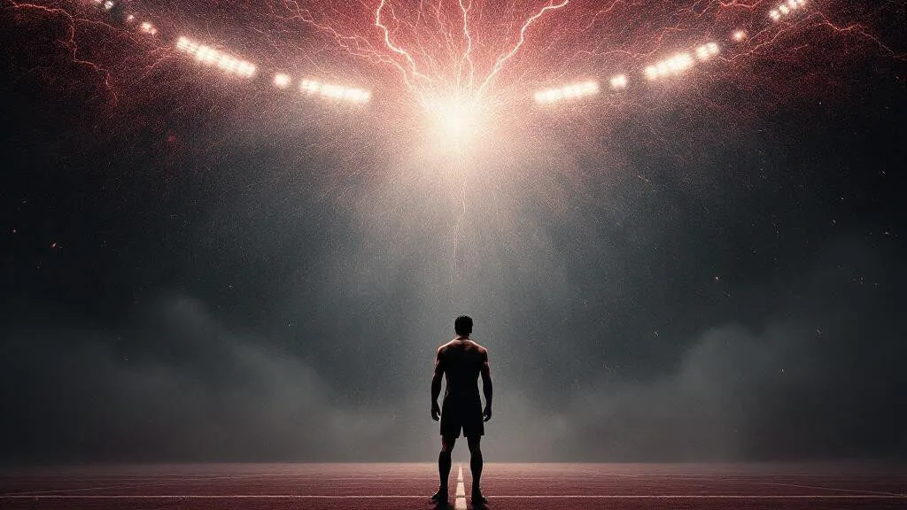 Silhouetted athlete stands on a track, facing a dramatic sky with red lightning bolts overhead.