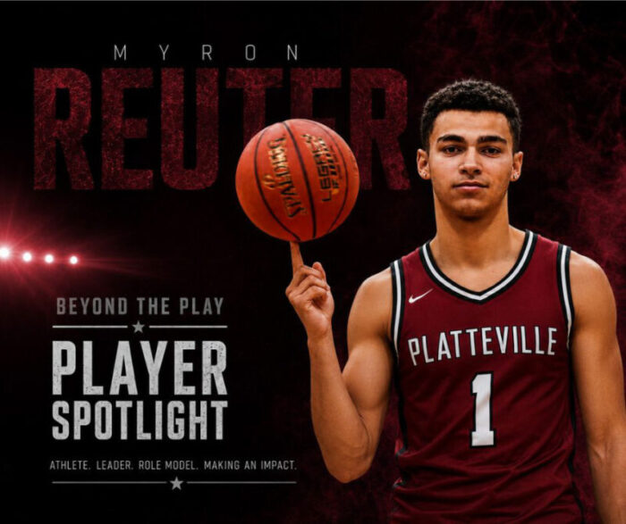 Promotional poster featuring Platteville basketball player Myron Reuter in jersey #1, with a basketball.